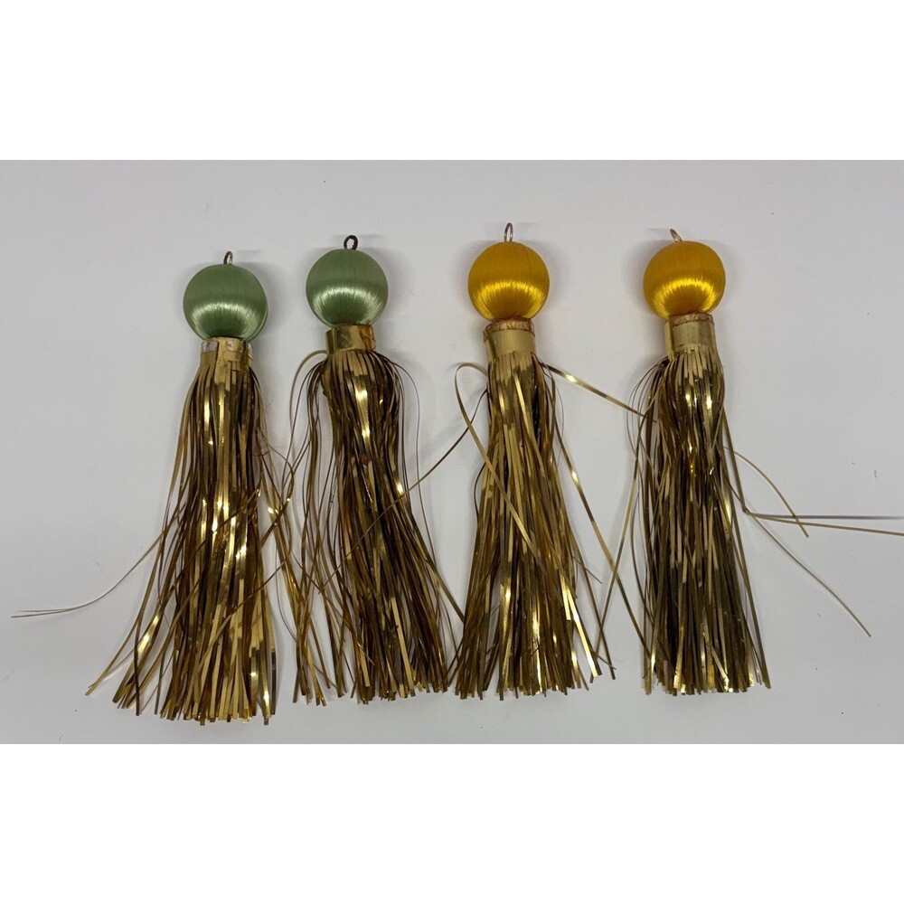 Vtg Satin Ball Gold Tinsel Foil Fountain Starburst Christmas Ornaments Set Of 4